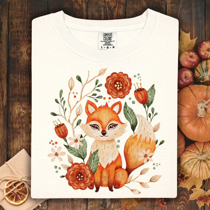 Ivory Comfort Colors tee with a rustic folk art fox and floral design.