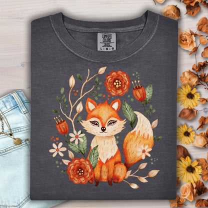 Pepper Comfort Colors tee with a rustic folk art fox and floral wreath design.