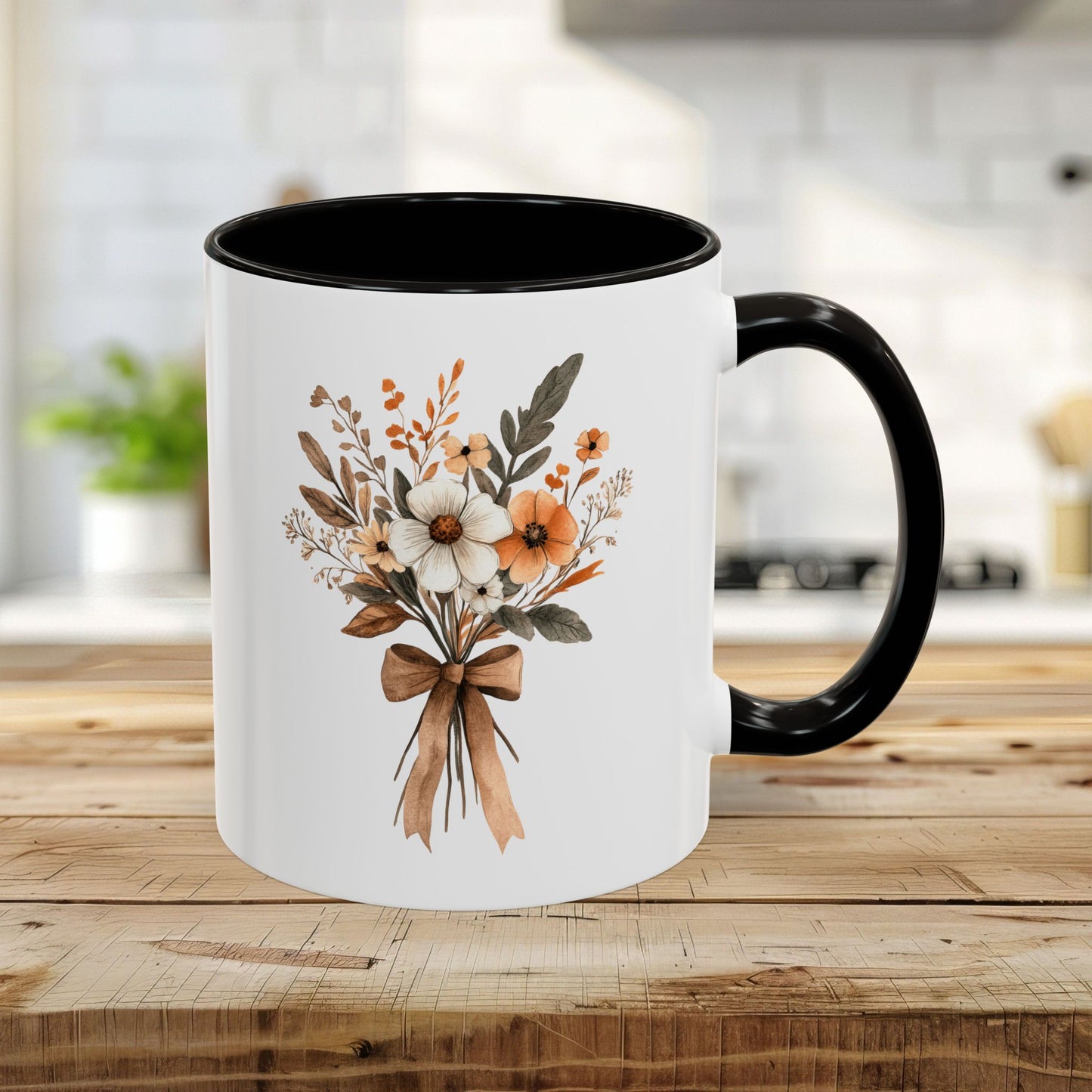 11oz white ceramic mug with black interior/handle, featuring a sepia and cream watercolor floral bouquet.
