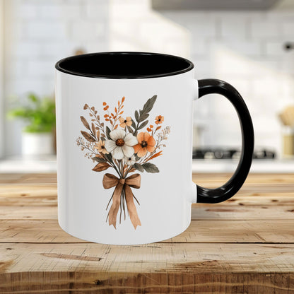 11oz white ceramic mug with black interior/handle, featuring a sepia and cream watercolor floral bouquet.