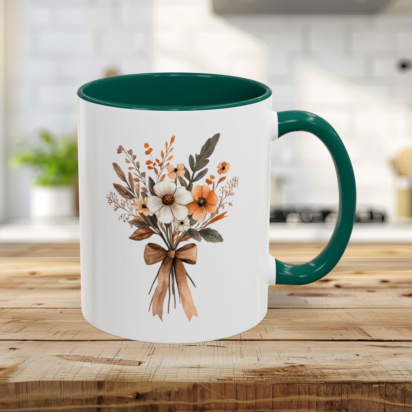 11oz white ceramic mug with green interior and handle, featuring a sepia and cream floral bouquet watercolor print.