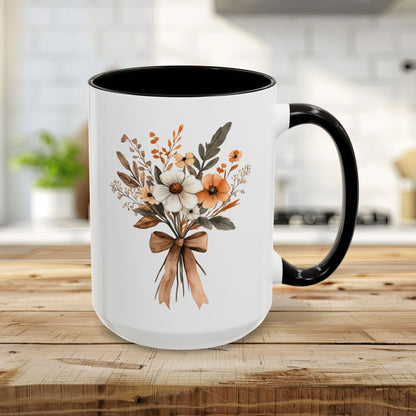 15oz white ceramic mug with black interior/handle, featuring a sepia and cream floral bouquet design.