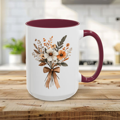 15oz white ceramic mug with maroon interior/handle and sepia/cream floral bouquet design.