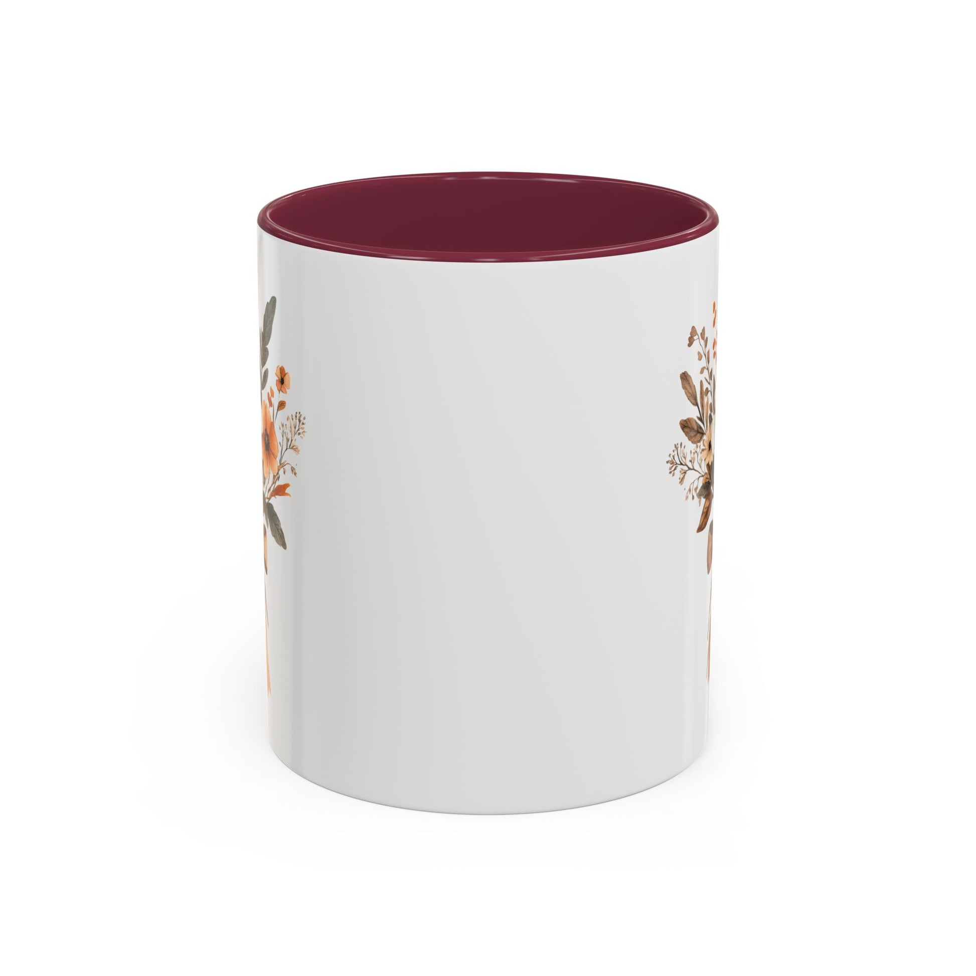 White ceramic mug with a maroon interior and handle, featuring a sepia and cream floral bouquet design.