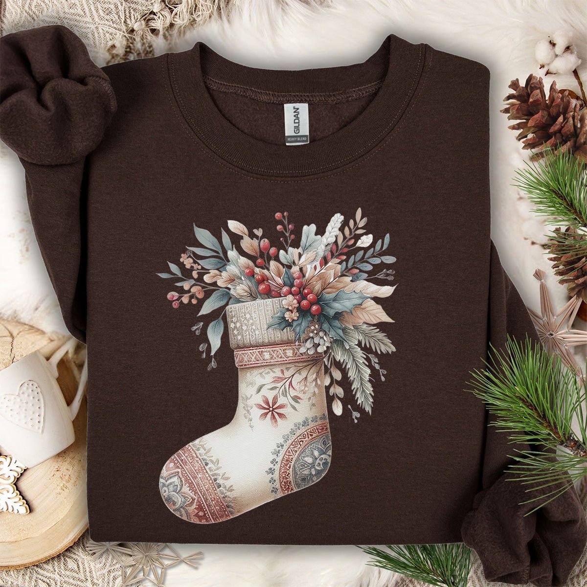 Rustic Holiday Floral Stocking Sweatshirt