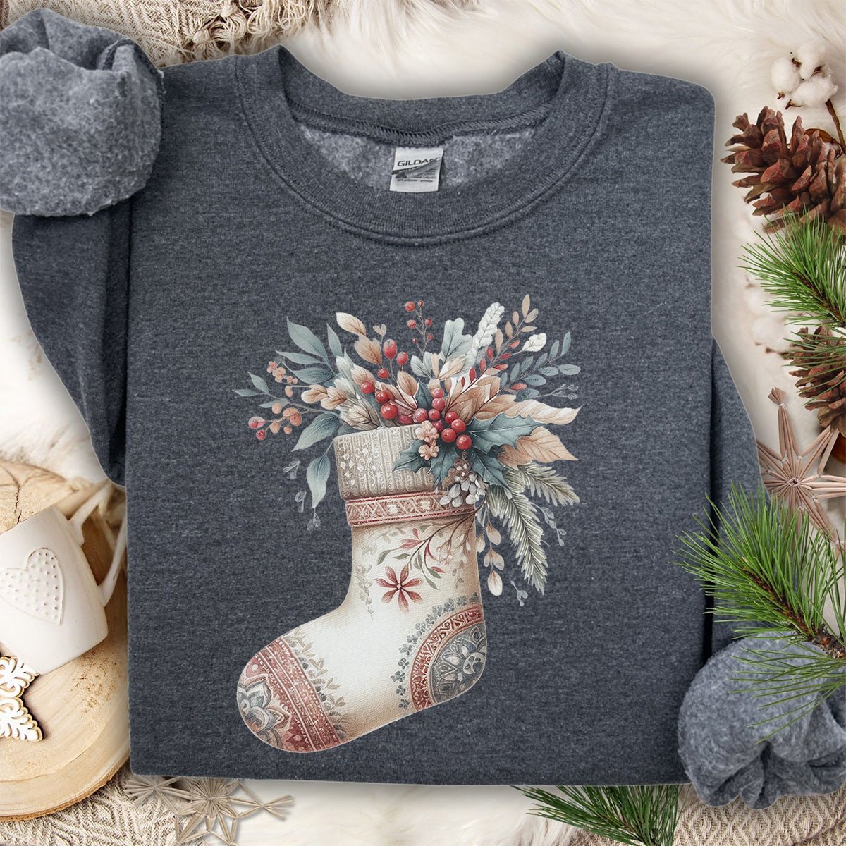 Rustic Holiday Floral Stocking Sweatshirt