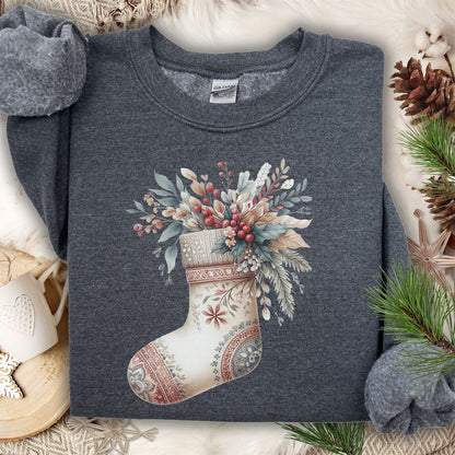 Rustic Holiday Floral Stocking Sweatshirt