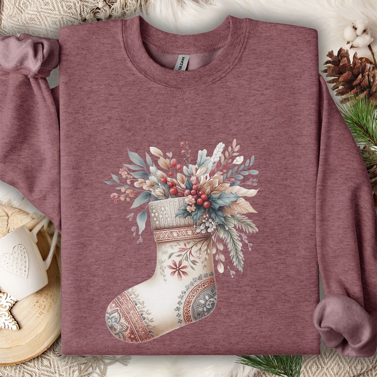 Rustic Holiday Floral Stocking Sweatshirt