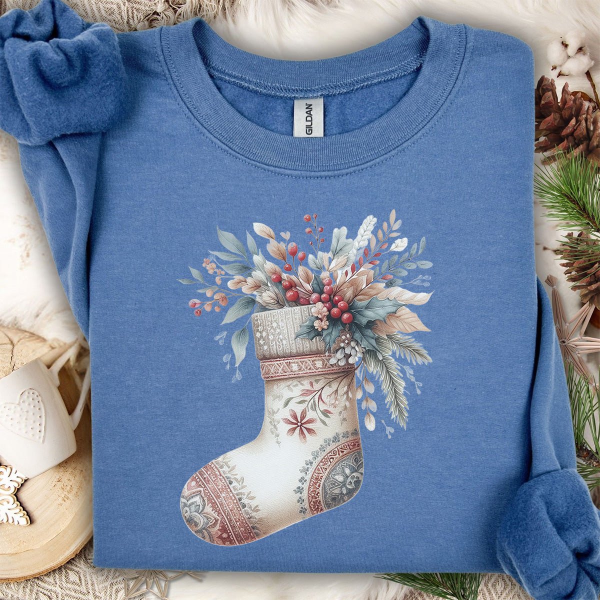 Rustic Holiday Floral Stocking Sweatshirt