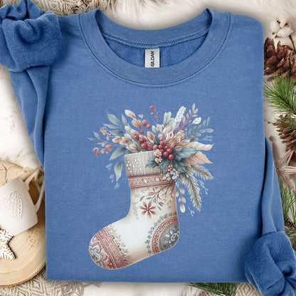 Rustic Holiday Floral Stocking Sweatshirt