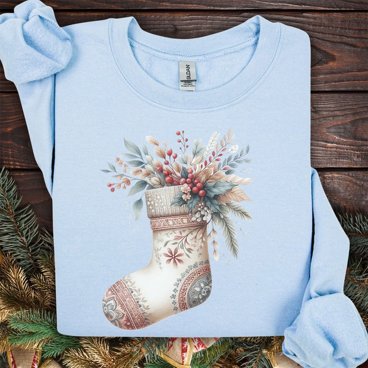 Rustic Holiday Floral Stocking Sweatshirt