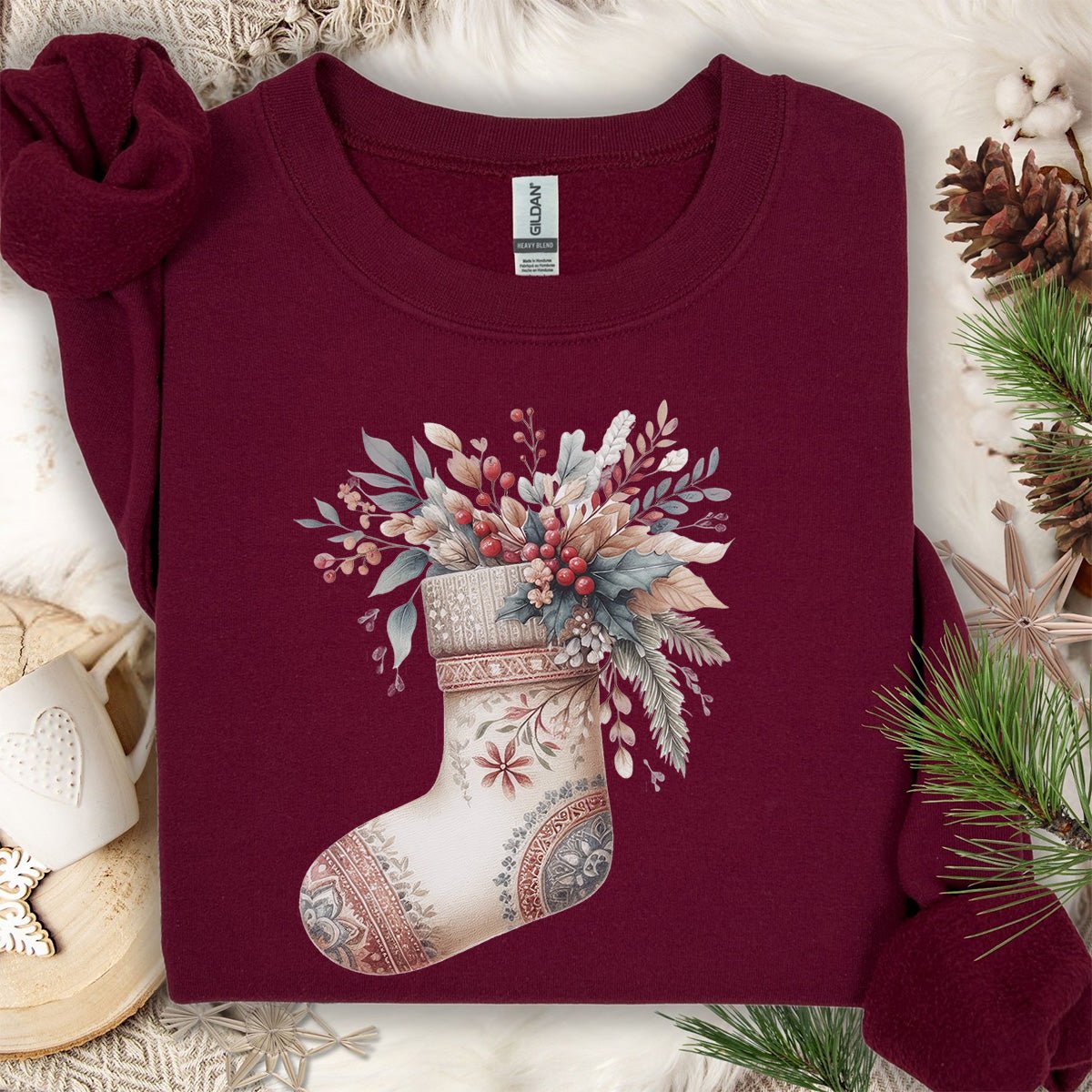 Rustic Holiday Floral Stocking Sweatshirt
