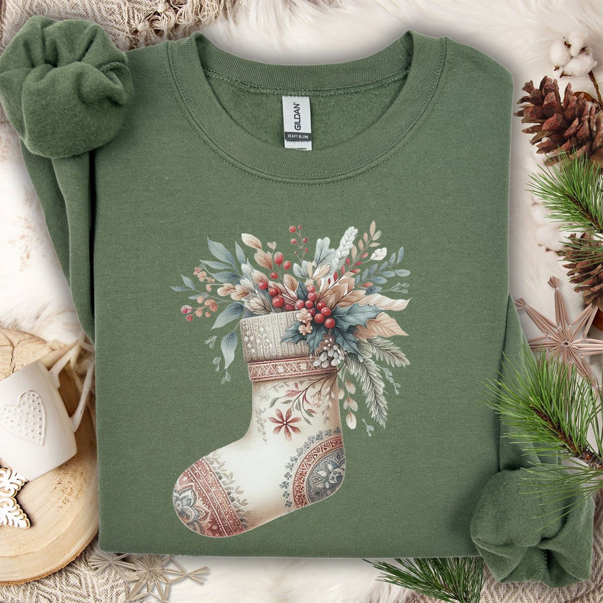 Rustic Holiday Floral Stocking Sweatshirt