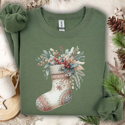 Rustic Holiday Floral Stocking Sweatshirt