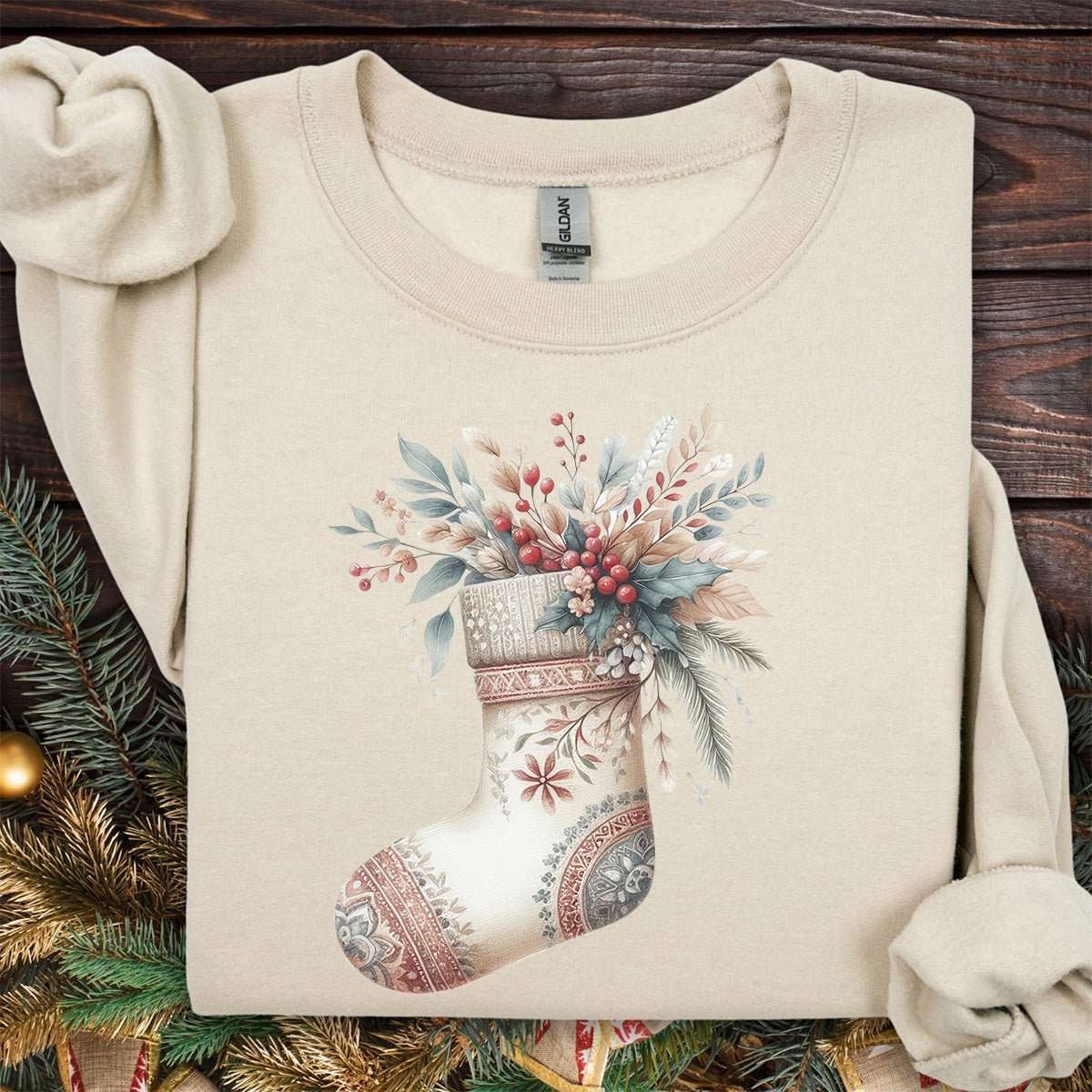 Rustic Holiday Floral Stocking Sweatshirt