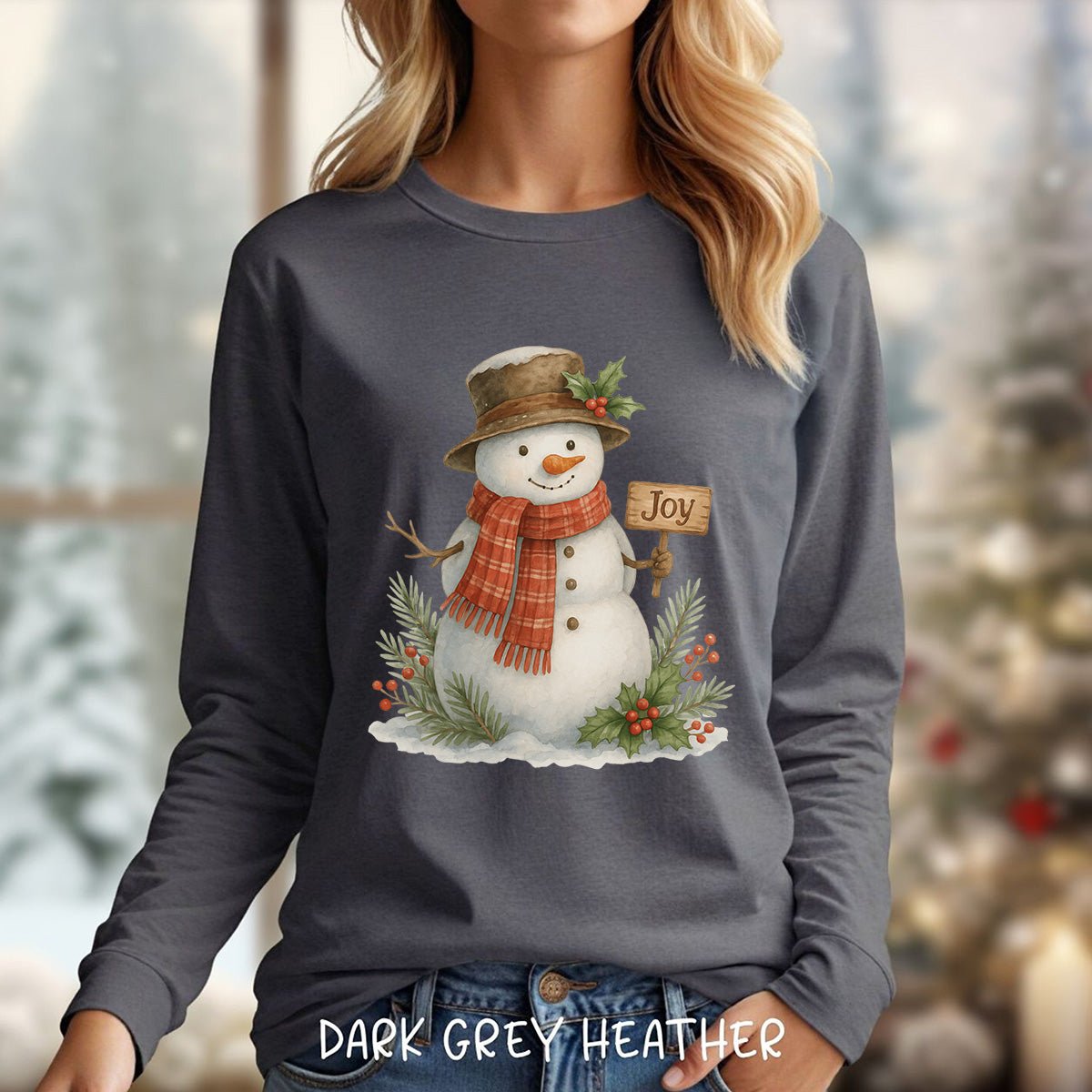 Rustic Joyful Snowman Long Sleeve Tee