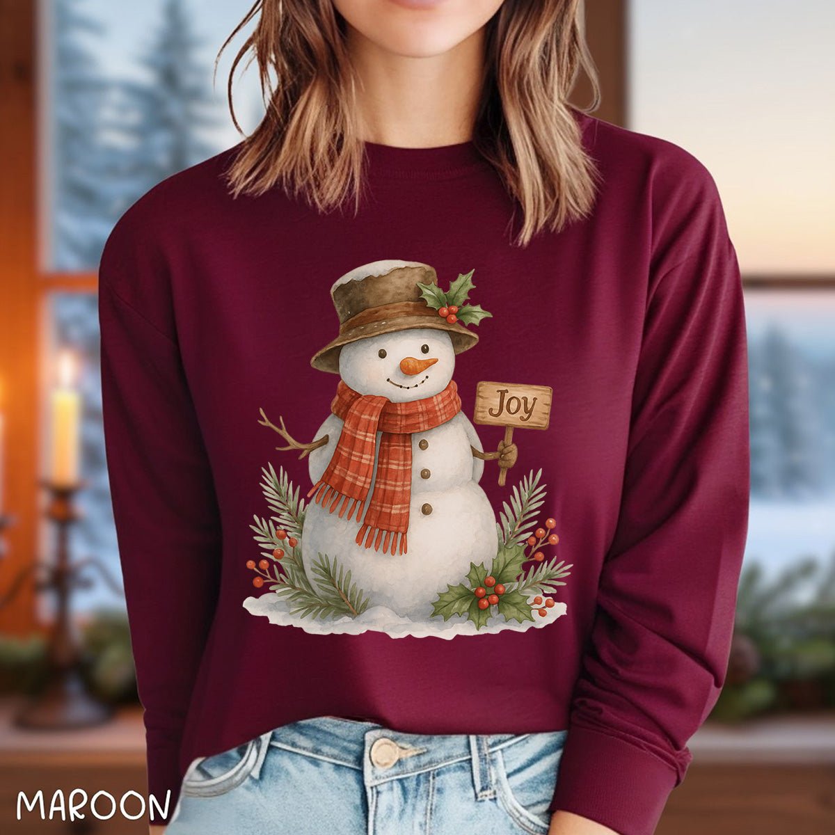 Rustic Joyful Snowman Long Sleeve Tee