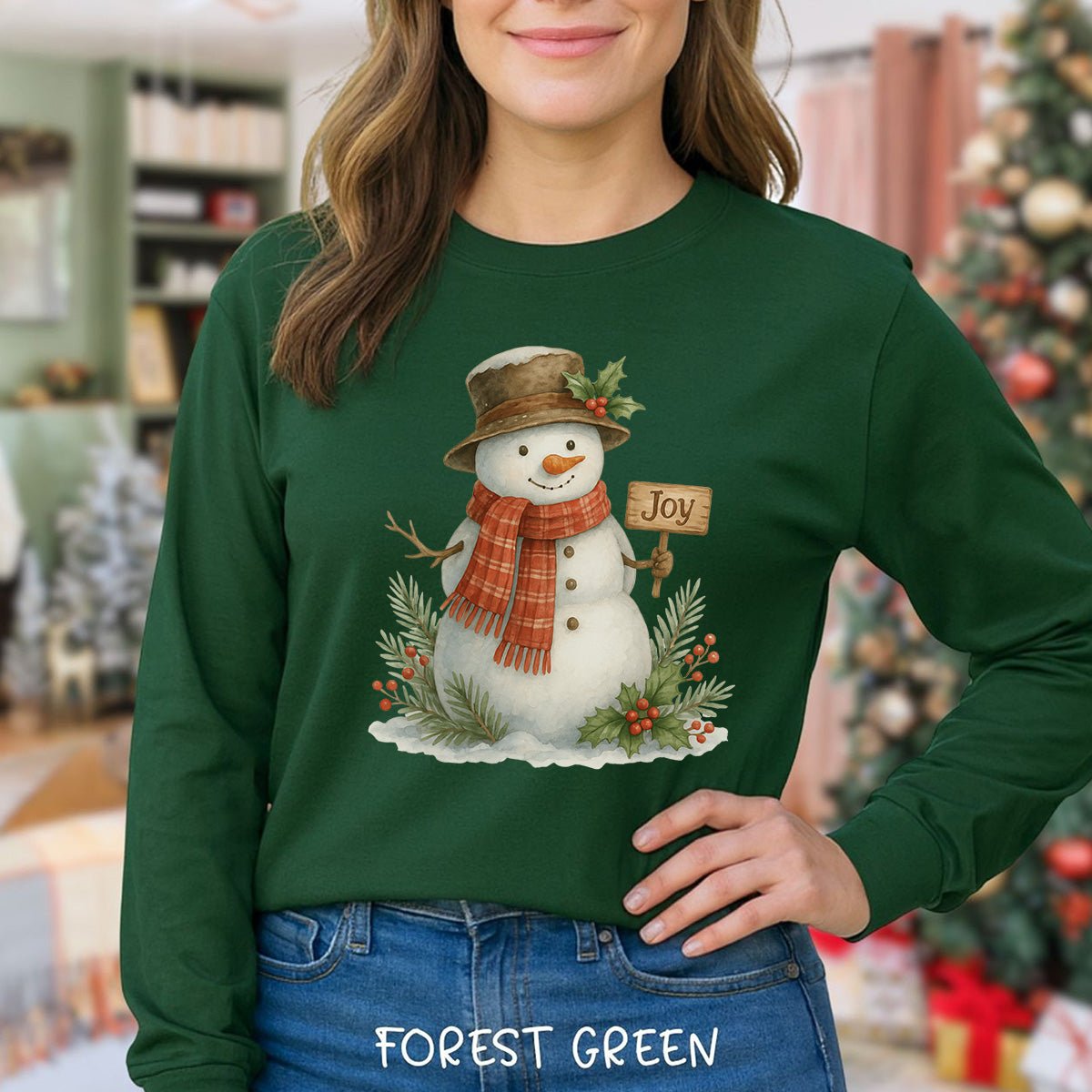 Rustic Joyful Snowman Long Sleeve Tee