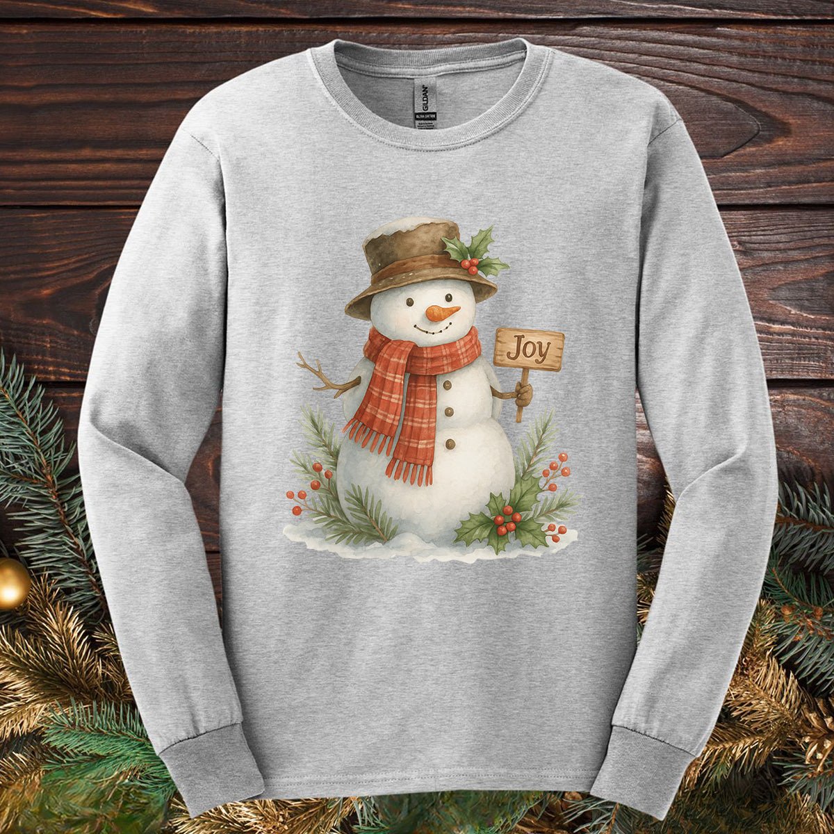Rustic Joyful Snowman Long Sleeve Tee