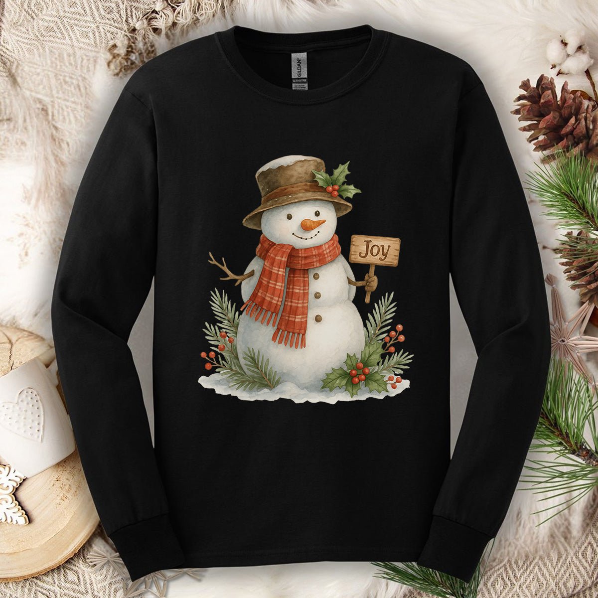 Rustic Joyful Snowman Long Sleeve Tee