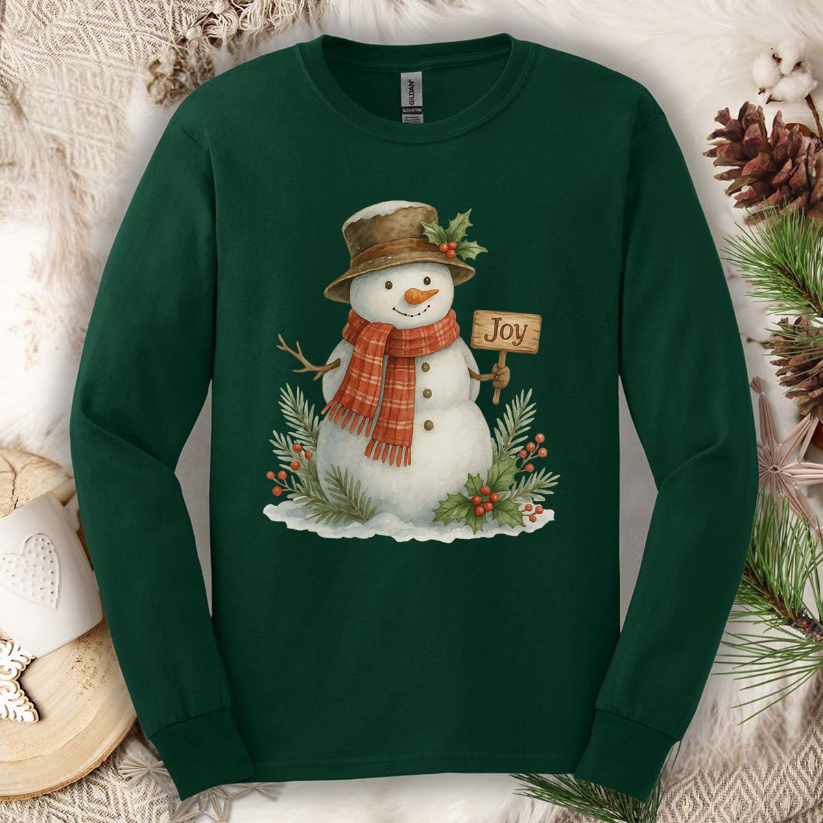 Rustic Joyful Snowman Long Sleeve Tee