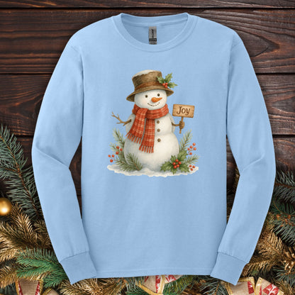 Light blue Gildan long sleeve tee with a watercolor snowman holding a "Joy" sign.