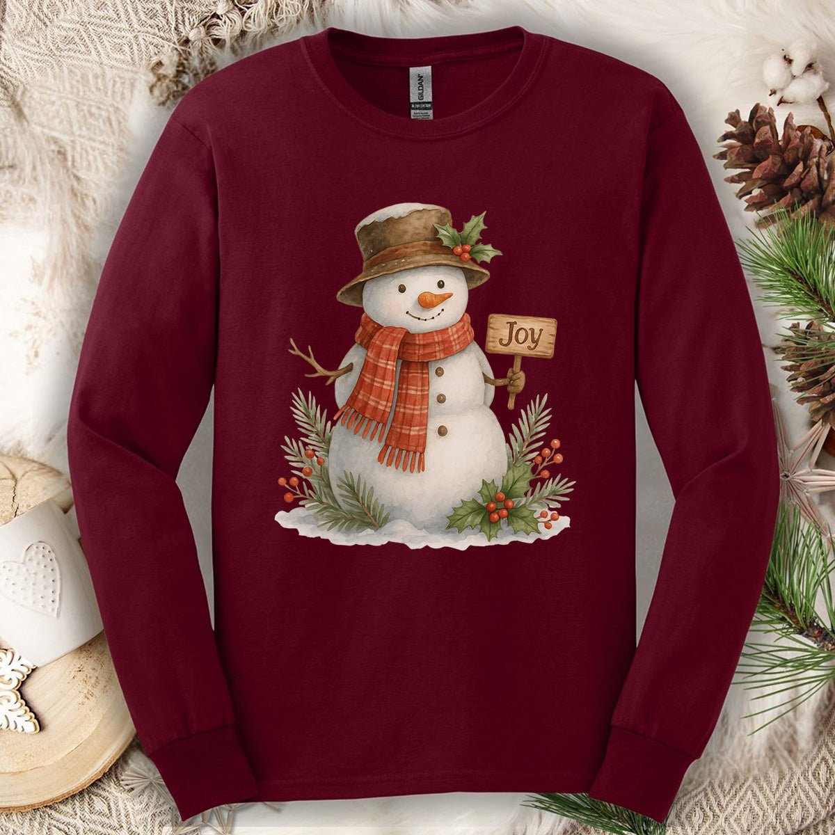 Rustic Joyful Snowman Long Sleeve Tee