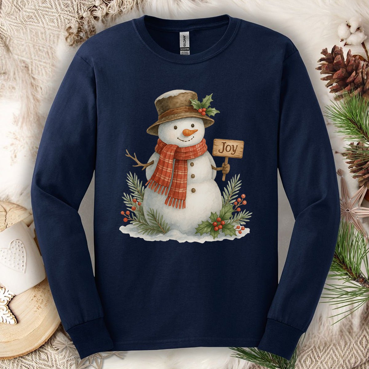 Rustic Joyful Snowman Long Sleeve Tee