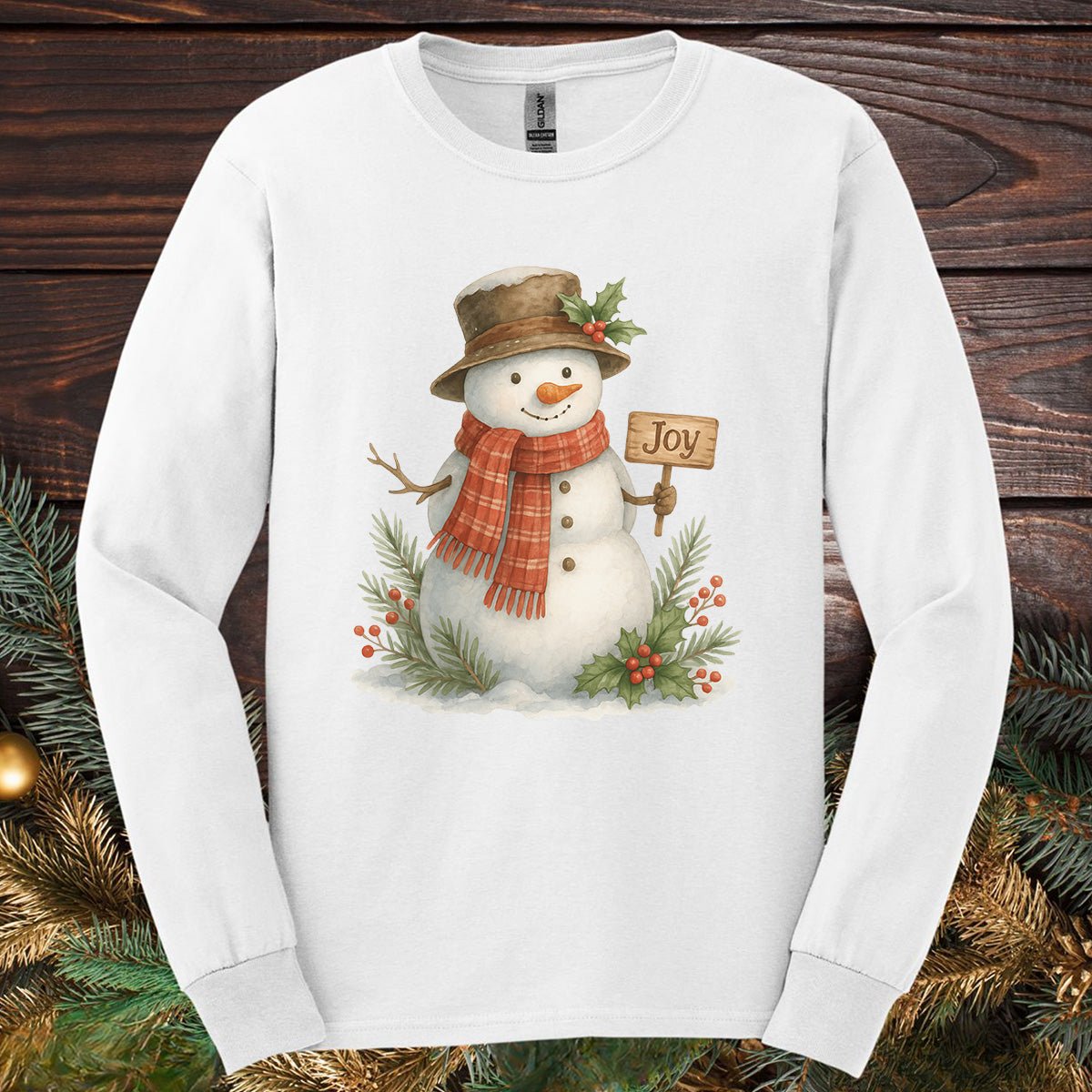 Rustic Joyful Snowman Long Sleeve Tee