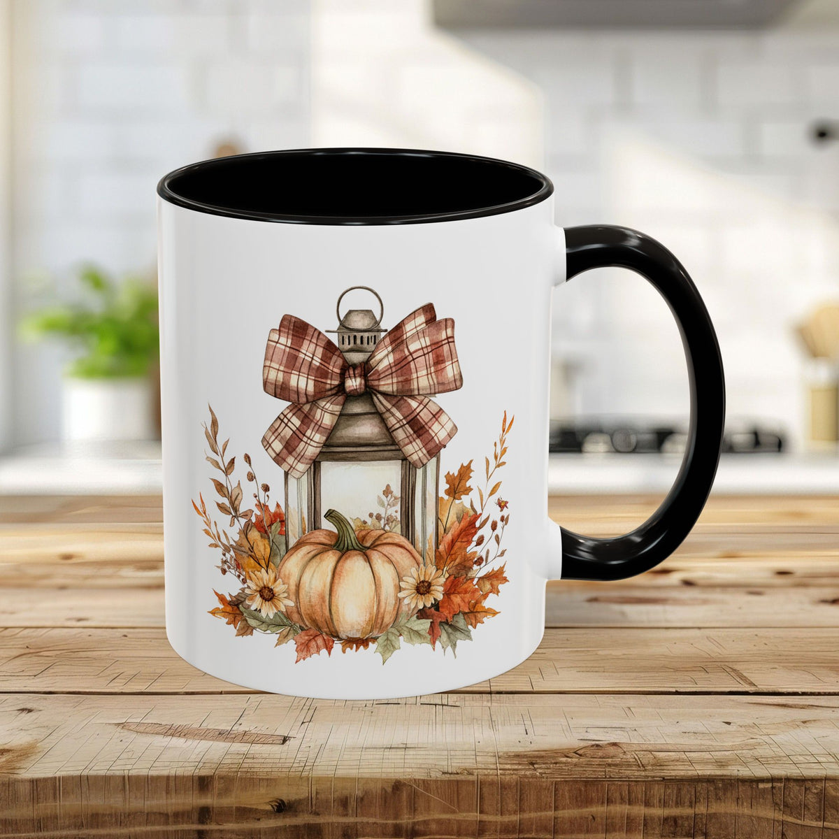 White ceramic 11oz mug with black interior/handle, featuring a rustic lantern, plaid bow, pumpkin, and fall foliage.