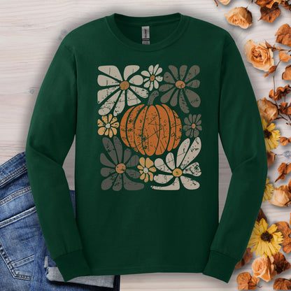 Forest Green Gildan long sleeve tee with a rustic pumpkin and floral design.