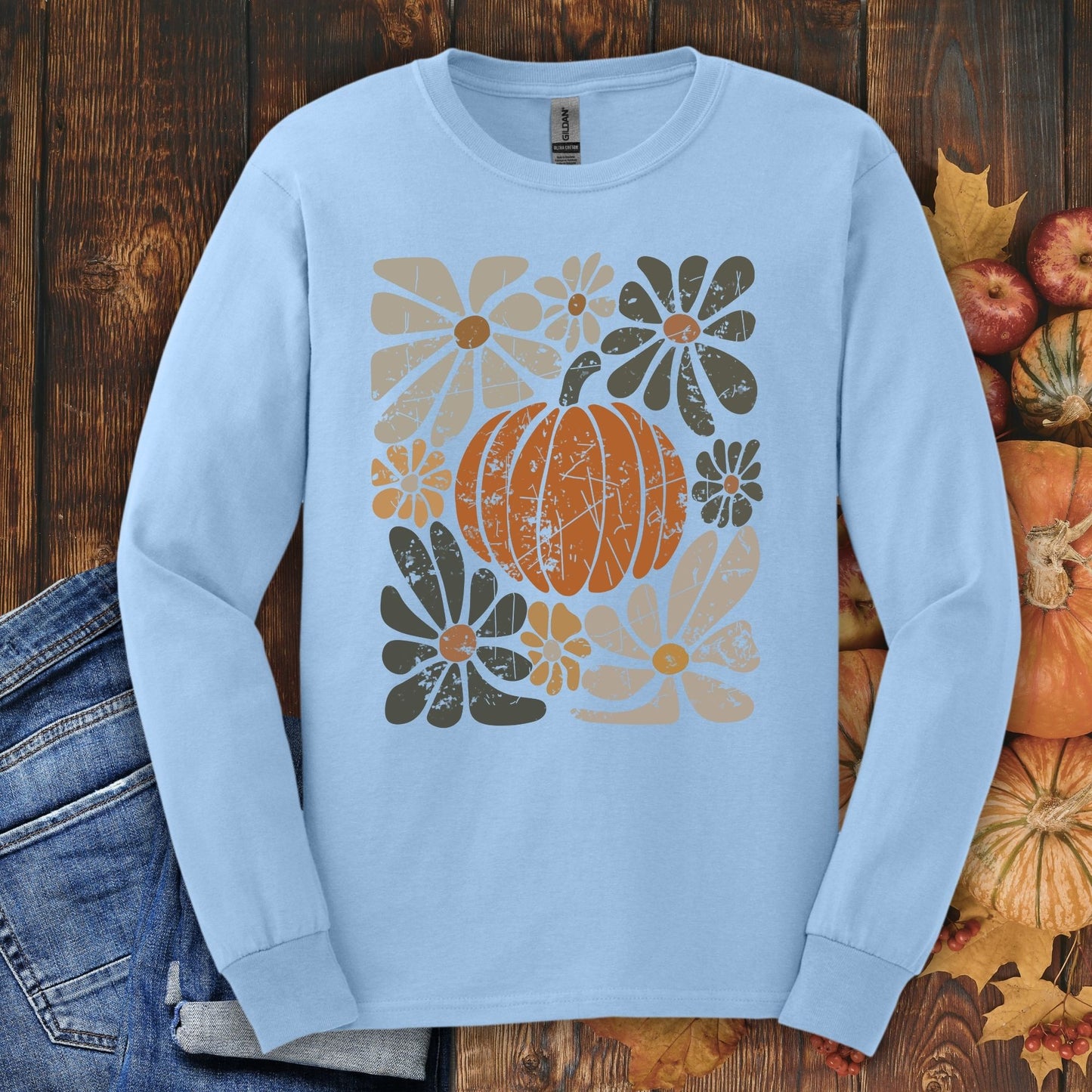 Light blue Gildan 2400 long sleeve tee with a rustic pumpkin and floral design.