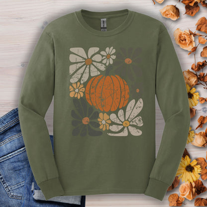 Military Green Gildan 2400 long sleeve tee with a rustic orange pumpkin and distressed floral design.