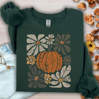 Forest Green Rustic Pumpkin Sweatshirt with retro floral design, made from garment-dyed cotton.