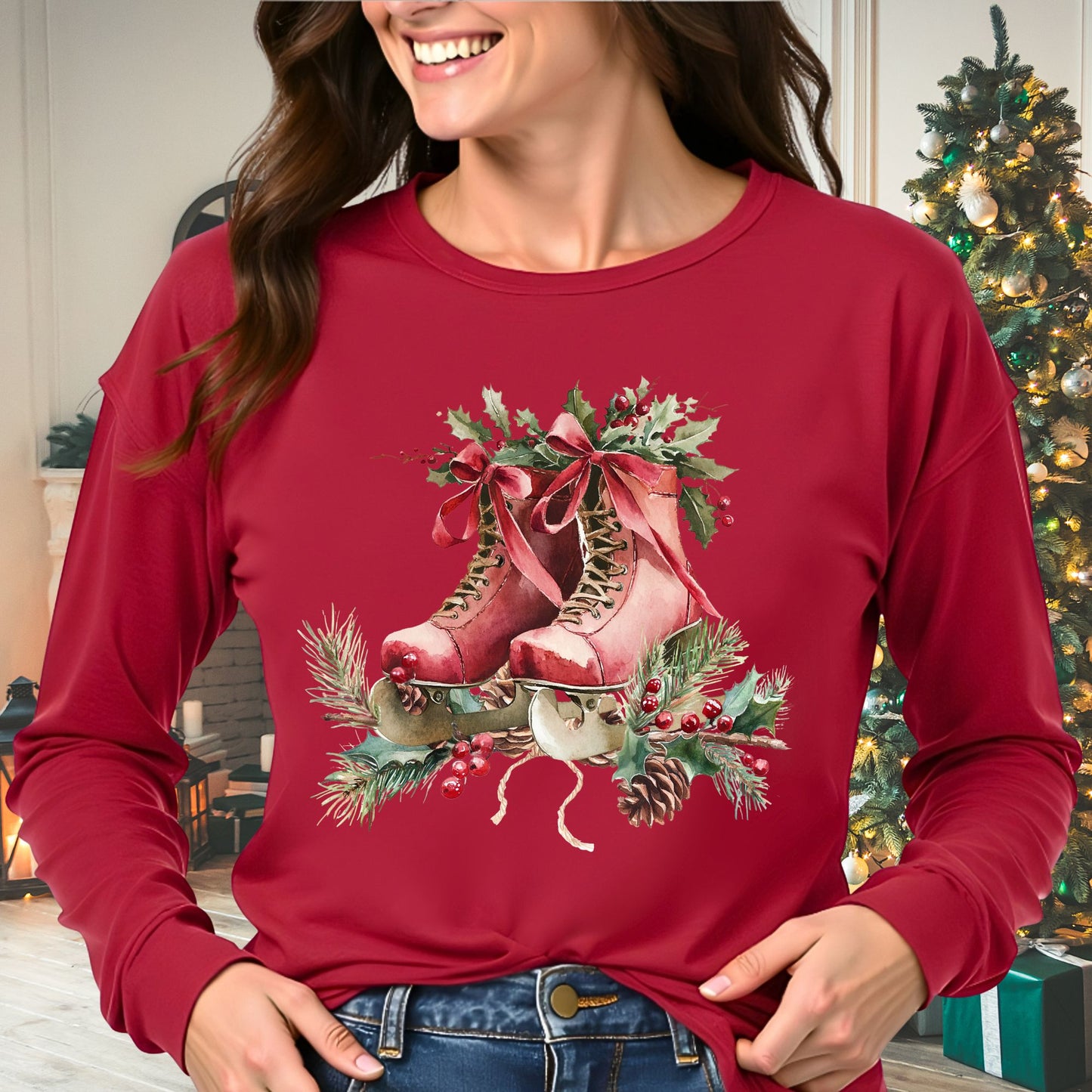 Rustic Red Ice Skates Long Sleeve Tee