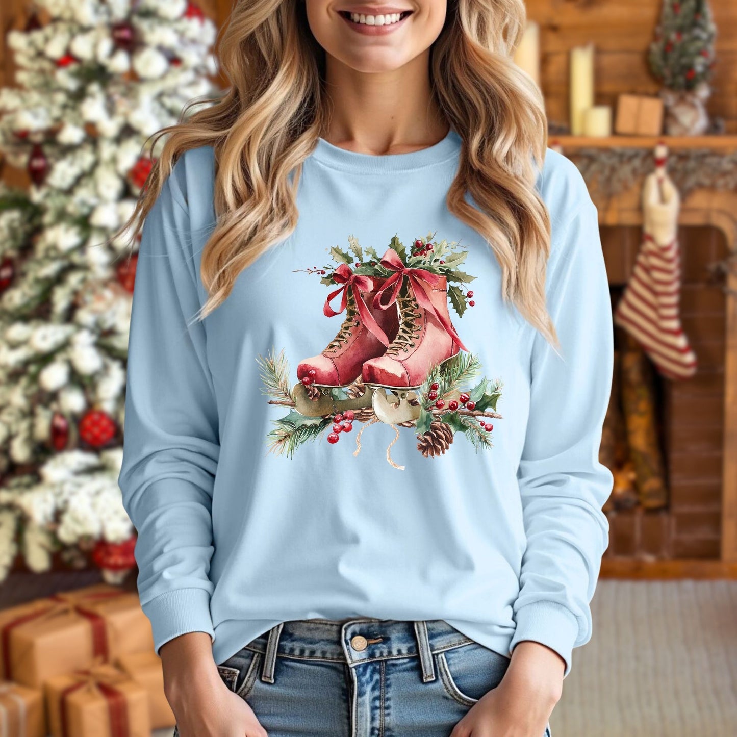 Rustic Red Ice Skates Long Sleeve Tee