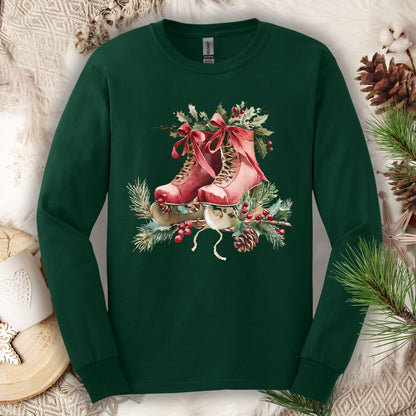 Forest Green S long sleeve tee with watercolor red ice skates, holly, and evergreens.