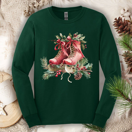 Forest Green S long sleeve tee with watercolor red ice skates, holly, and evergreens.