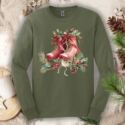 Military Green long sleeve tee with watercolor red ice skates, holly, and evergreens.