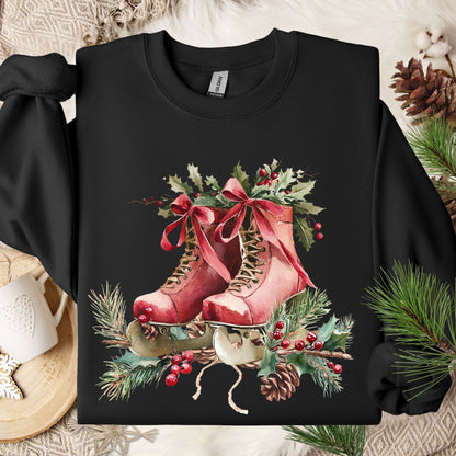 Black fleece sweatshirt with watercolor rustic red ice skates, holly berries, and winter greenery.