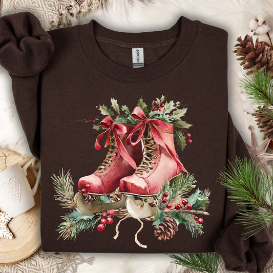 Dark Chocolate S sweatshirt with rustic red watercolor ice skates, holly, and winter greenery.