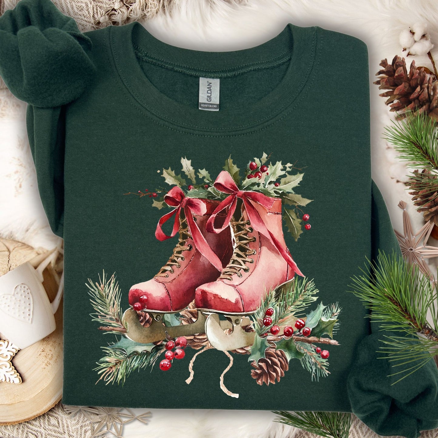 Forest Green crewneck sweatshirt with watercolor rustic red ice skates, holly berries, and winter greenery.