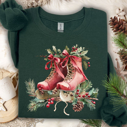 Forest Green crewneck sweatshirt with watercolor rustic red ice skates, holly berries, and winter greenery.