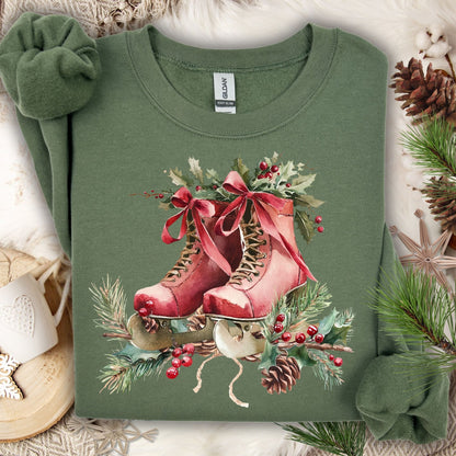 Military Green sweatshirt with rustic red ice skates, holly, and winter greenery design.