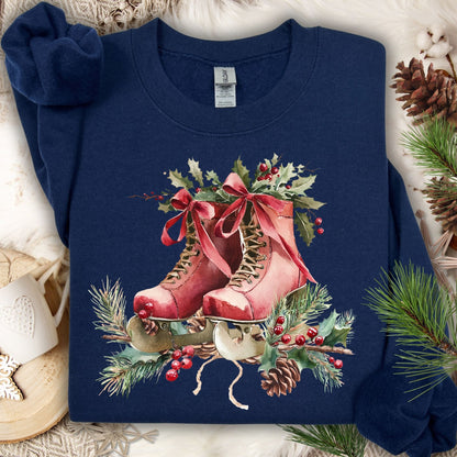 Navy fleece sweatshirt with watercolor rustic red ice skates, holly berries, and winter greenery.