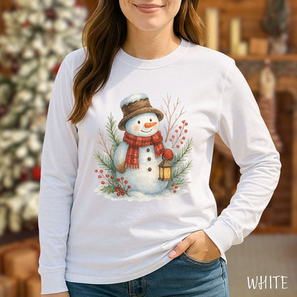 Rustic Snowman with Lantern Long Sleeve Tee