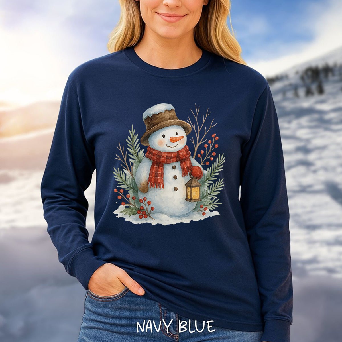 Rustic Snowman with Lantern Long Sleeve Tee