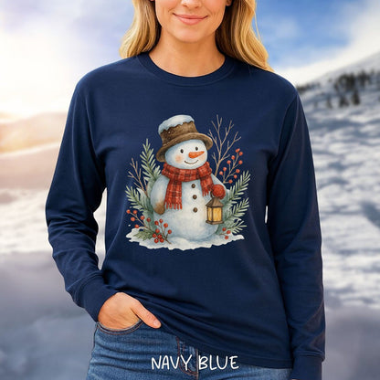 Rustic Snowman with Lantern Long Sleeve Tee