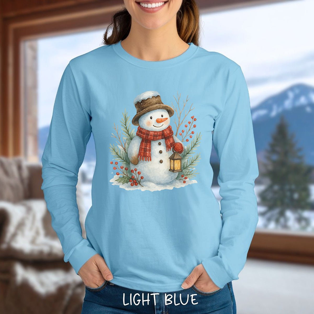 Rustic Snowman with Lantern Long Sleeve Tee
