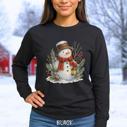 Rustic Snowman with Lantern Long Sleeve Tee